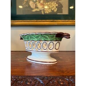 Vintage Ceramic Dog‎ Head Handle Pedestal Bowl, Majolica Style Fruit Bowl